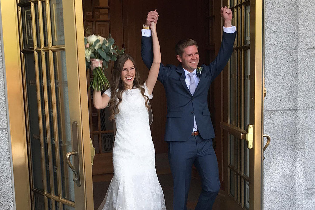 Austin and Jill Patten celebrate after getting married.