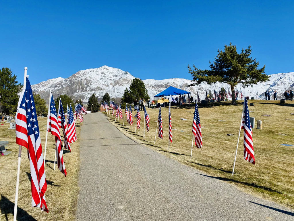 Flags lining the road to Corporal Wayne Tony Taylor memorial service.