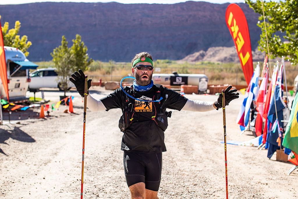 Trail runner Helgi Olafson at Moab 240 ultra-marathon finish line.