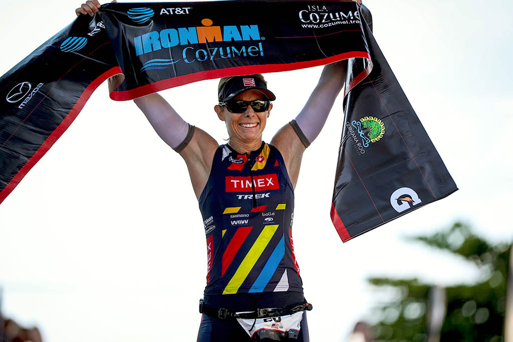 Lisa Roberts at finish after winning the 2017 Ironman Cozumel, her third Ironman victory in three months.