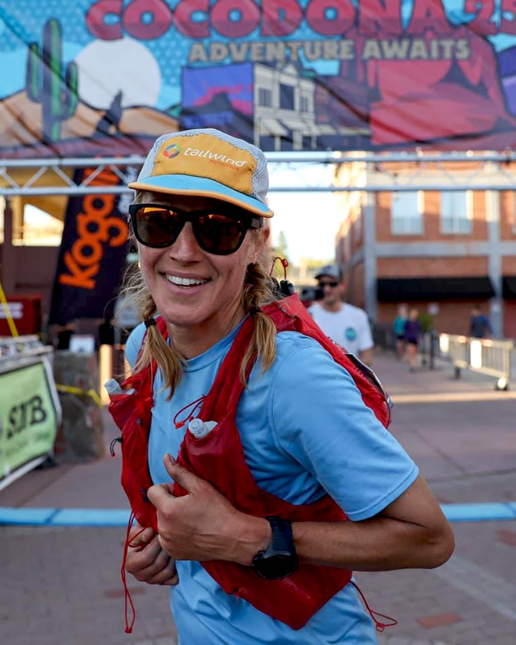 Maggie Guterl at finish line of Aravaipa Cocodona 250 ultra marathon