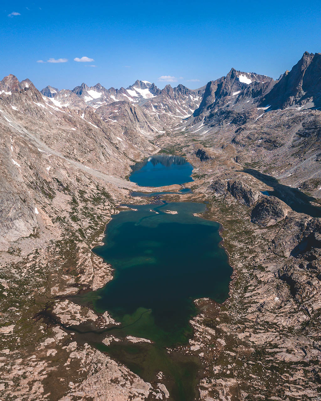 Aerial view of Titcomb lakes in Wind River, Wyoning mountain range.