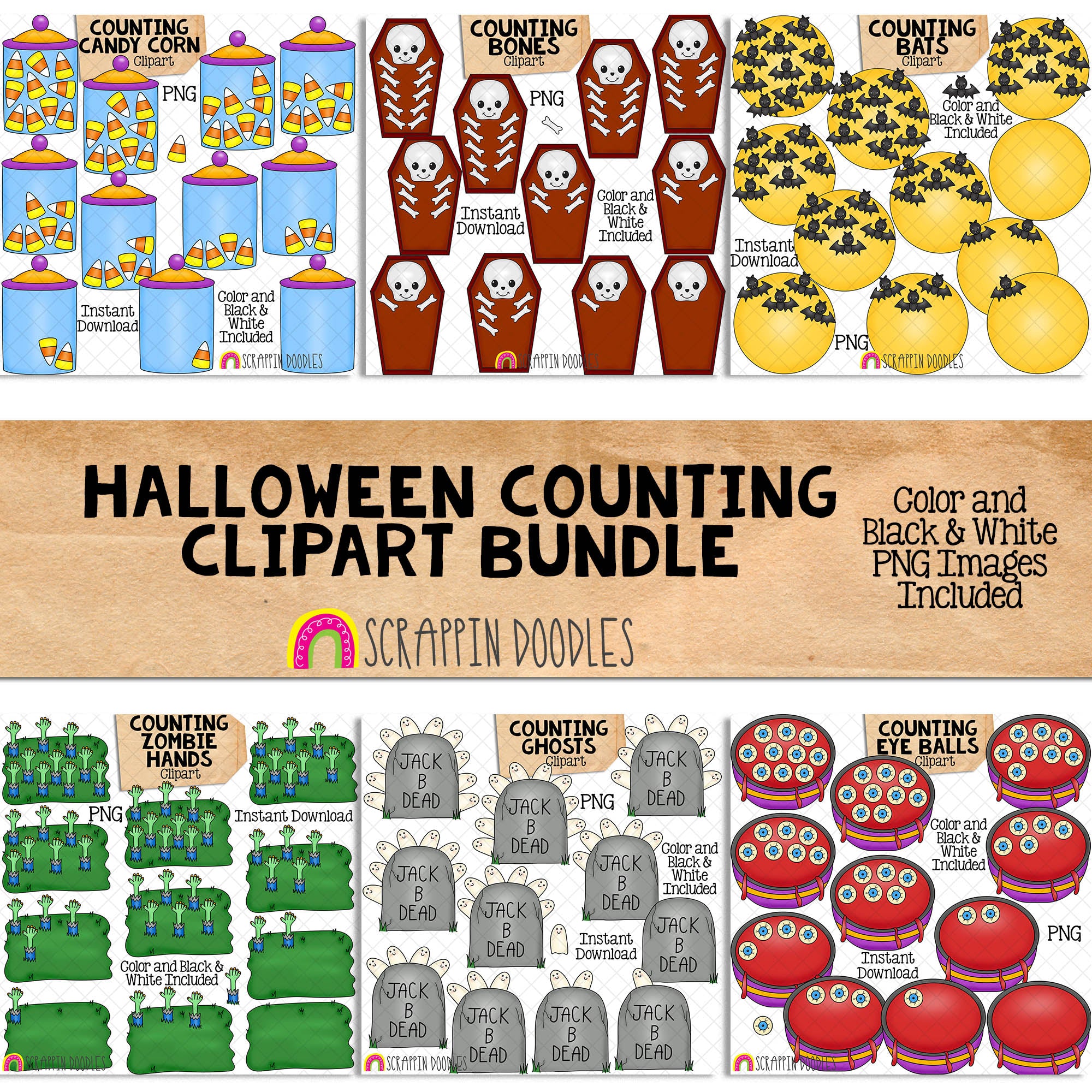Halloween Counting ClipArt Bundle - Bats - Skeleton Bones - EyeBalls - Ghosts - Candy Corn - Zombies - Seasonal Math Graphics