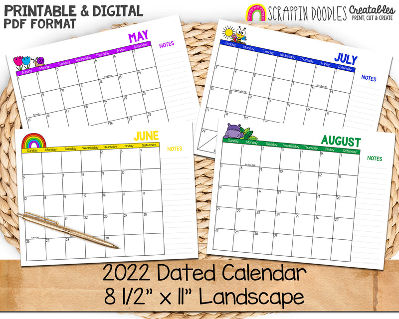 dated 2022 printable calendar portrait letter sized 12 months di scrappin doodles