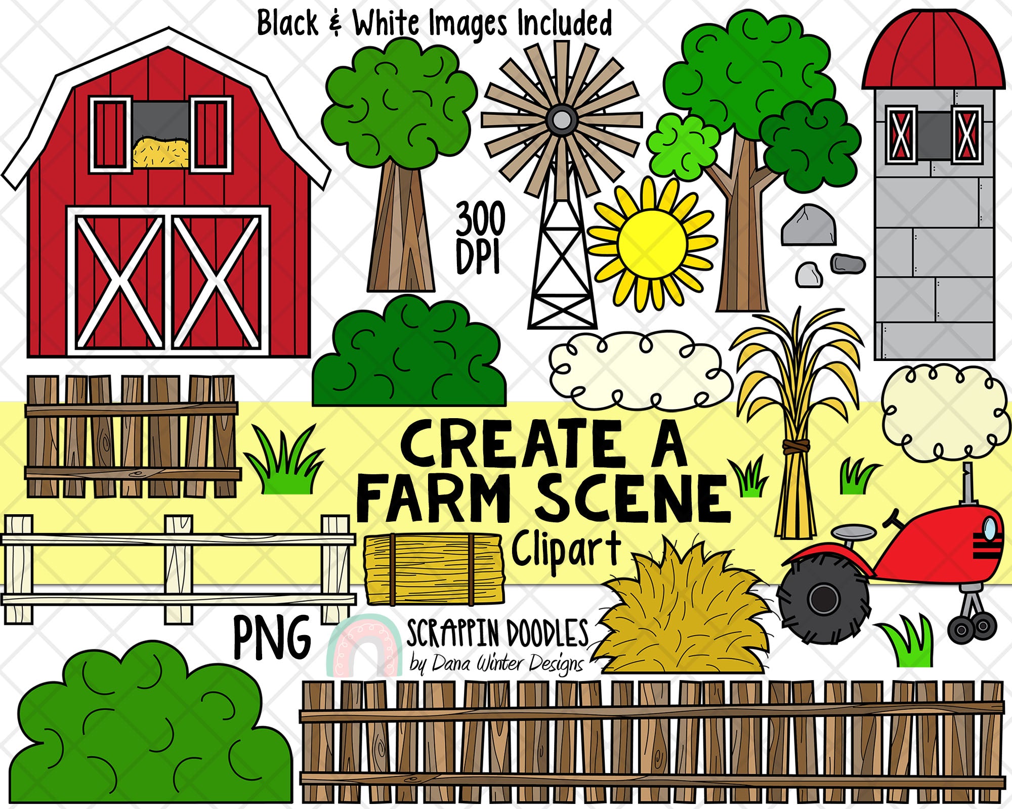 Create A Farm Scene Clipart Scene Creator Farmer Barn Tractor Silo Windmill Hay Bale