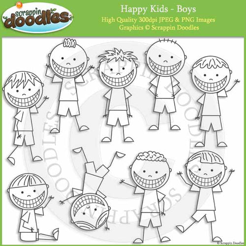 happy kids clip art black and white