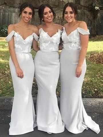 off the shoulder grey bridesmaid dresses