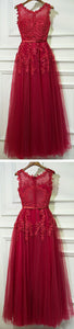 Red Formal Sleeves Tulle Applique Cheap Long Prom Dresses,PD455872