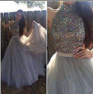 high neck Evening Dress,gray Prom Dress,A-line prom dress,tulle prom dress,BD2706