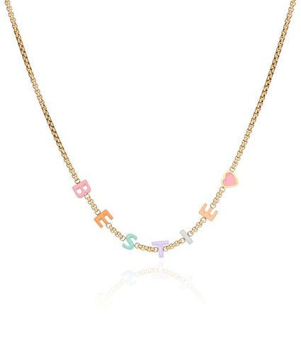 What is custom jewellery; a multicoloured ‘bestie’ customised necklace showing how you can get custom jewellery made for your best friend