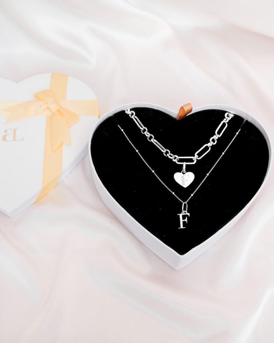 Heart Figaro & Letter Sphere Chain Love Gift Set (Silver)