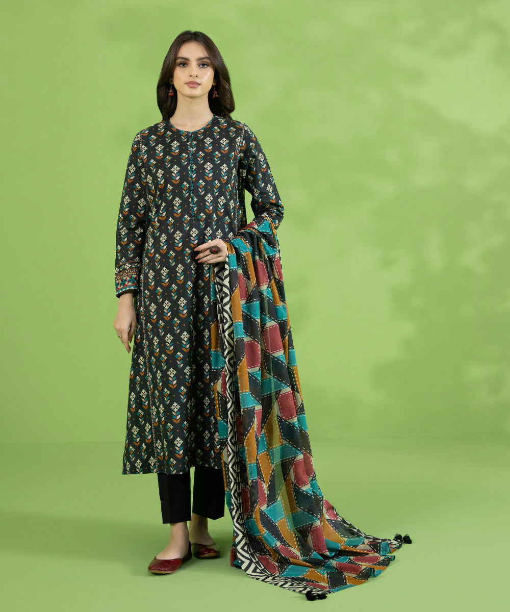 Eid Unstitched Women's Printed Lawn Black 3 Piece Suit