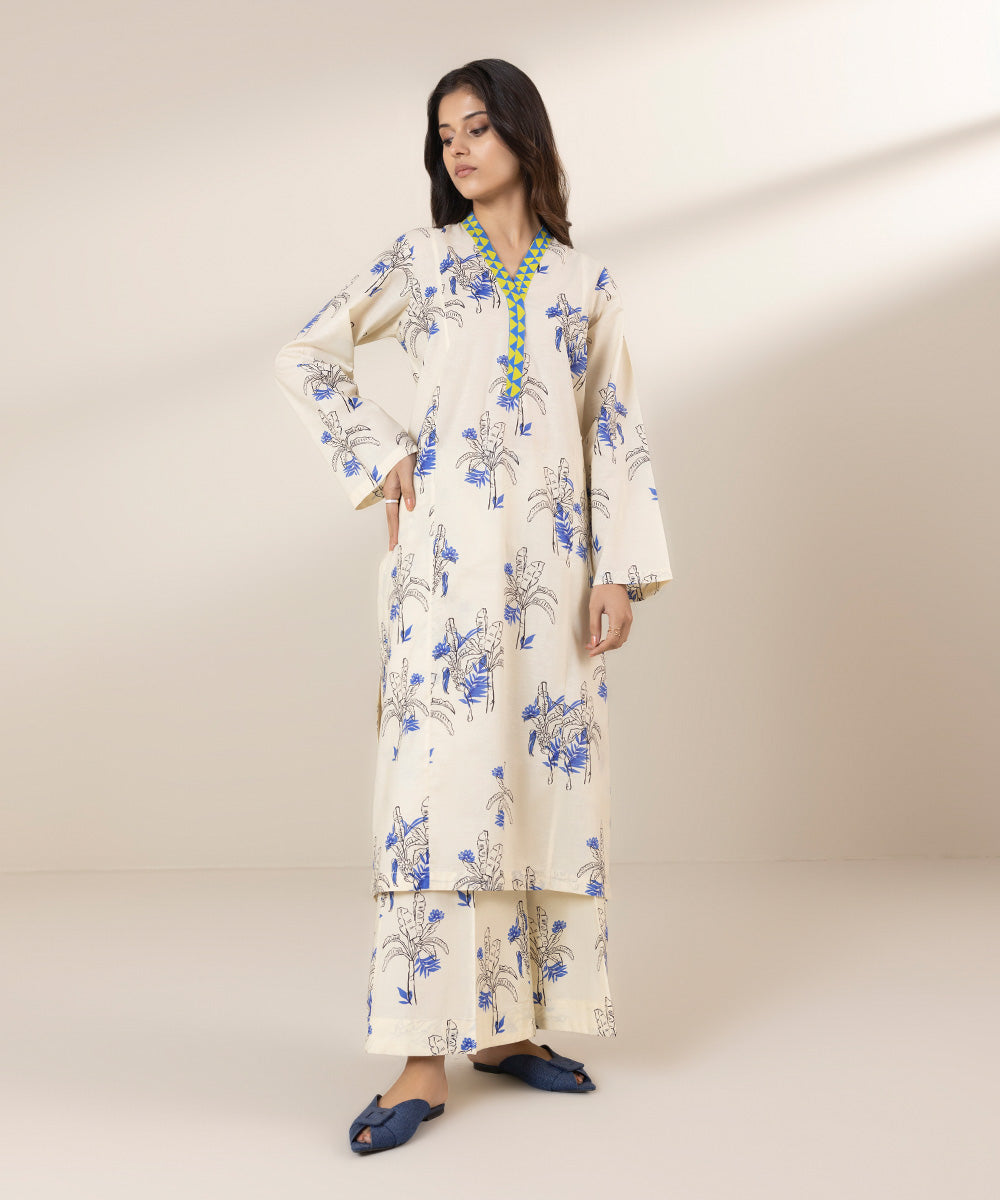 Off-white and blue, floral matching separates with multi-coloured dupatta design.