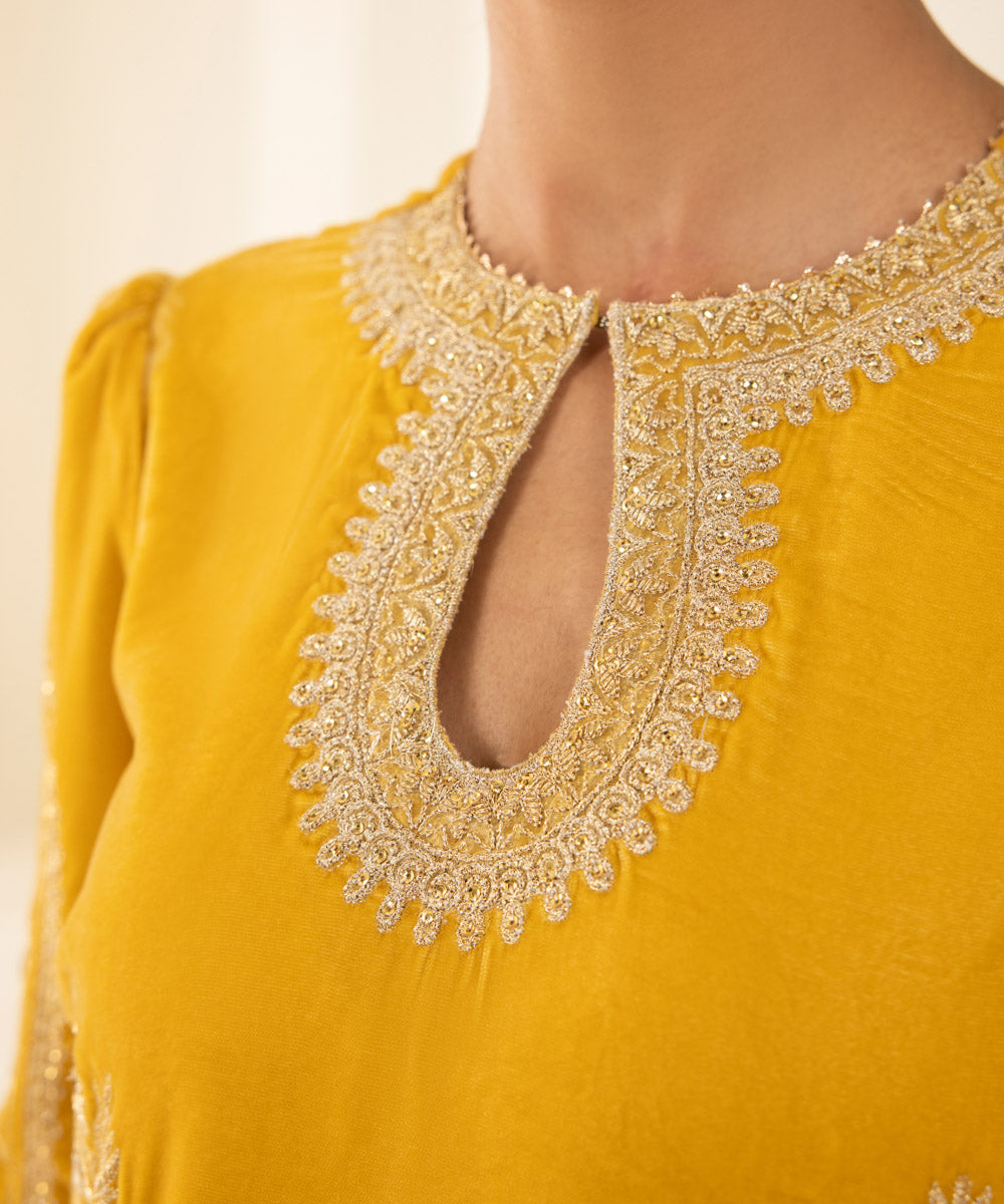 Yellow embroidered velvet suit design