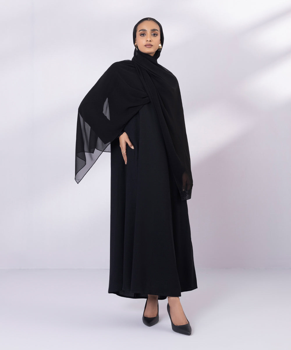 Black basic abaya with black embroidered hijab