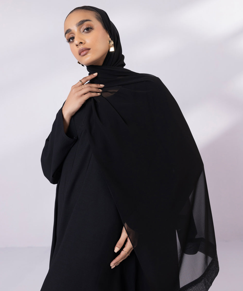 Black basic abaya with black embroidered hijab