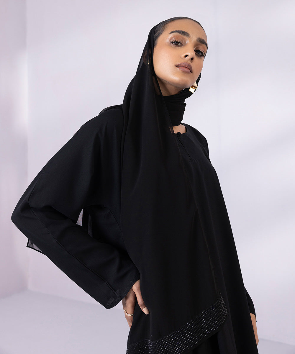 Black basic abaya with black embroidered hijab