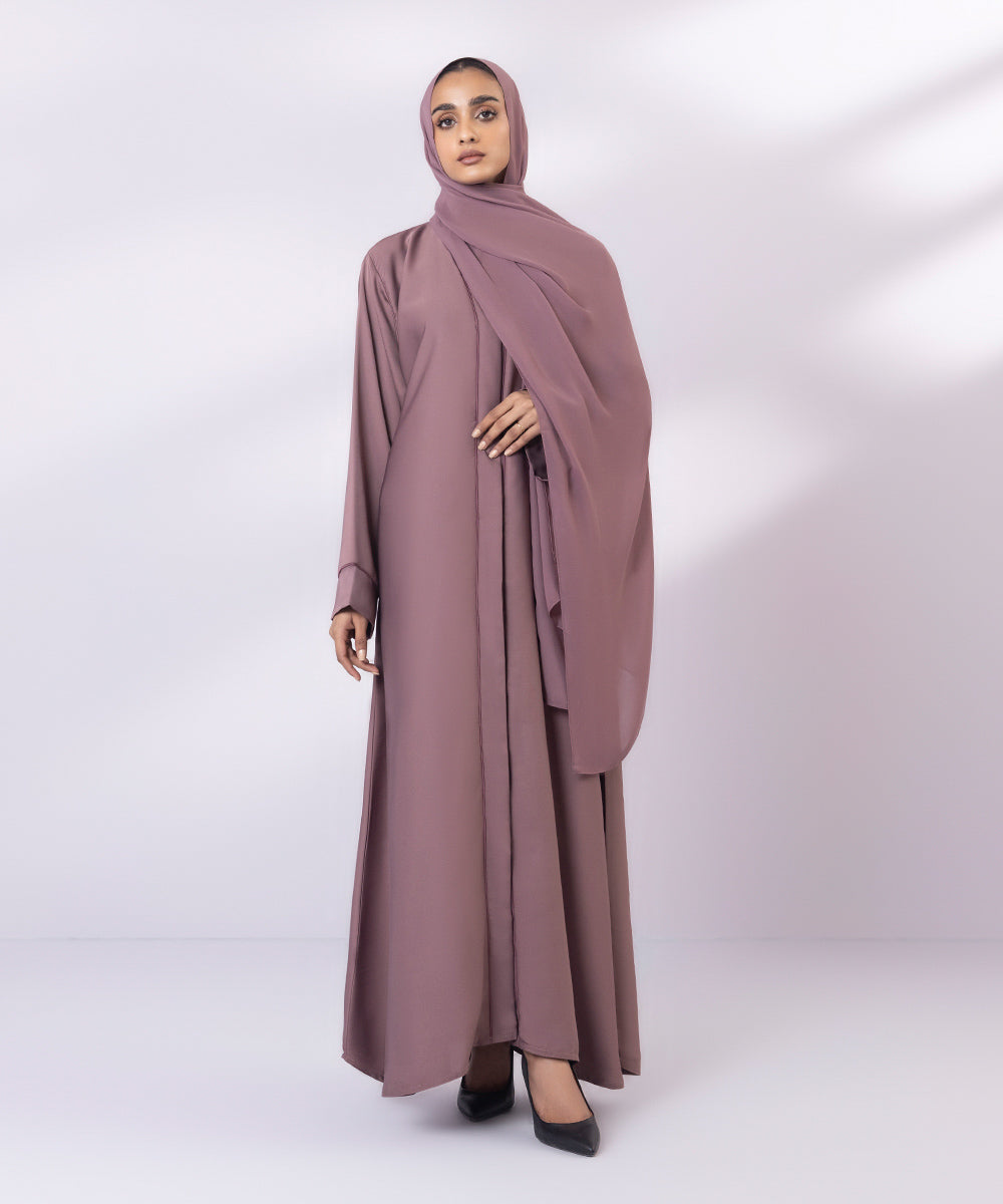 Mauve button through abaya with contrast piping and matching hijab