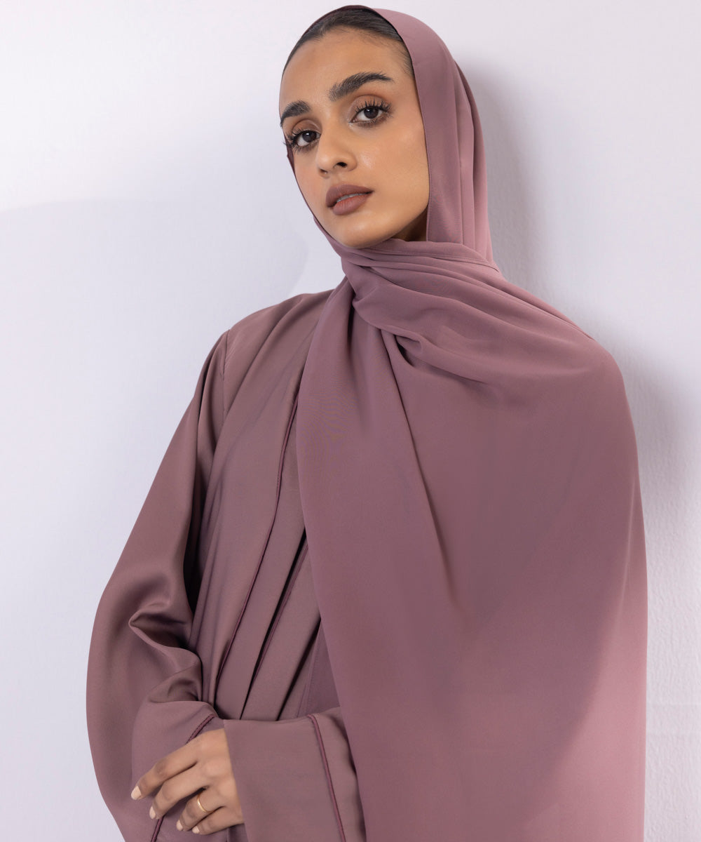 Mauve button through abaya with contrast piping and matching hijab