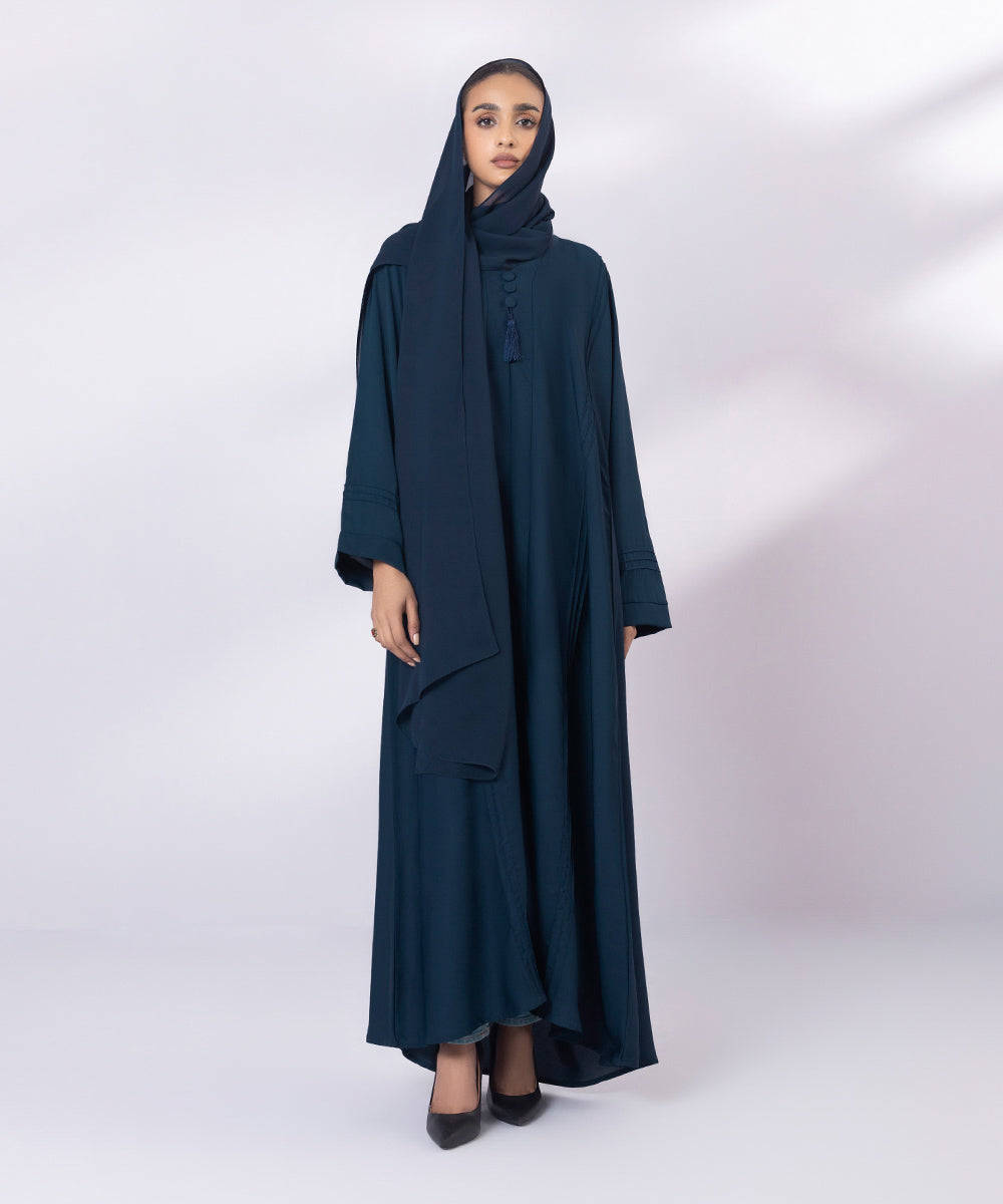 Blue button through abaya with tassels and matching hijab