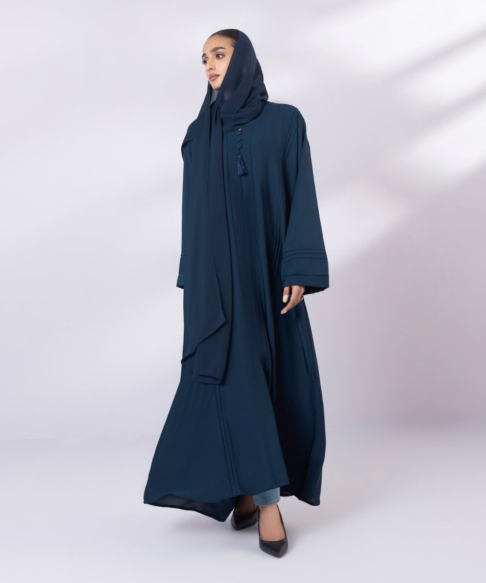 Blue button through abaya with tassels and matching hijab
