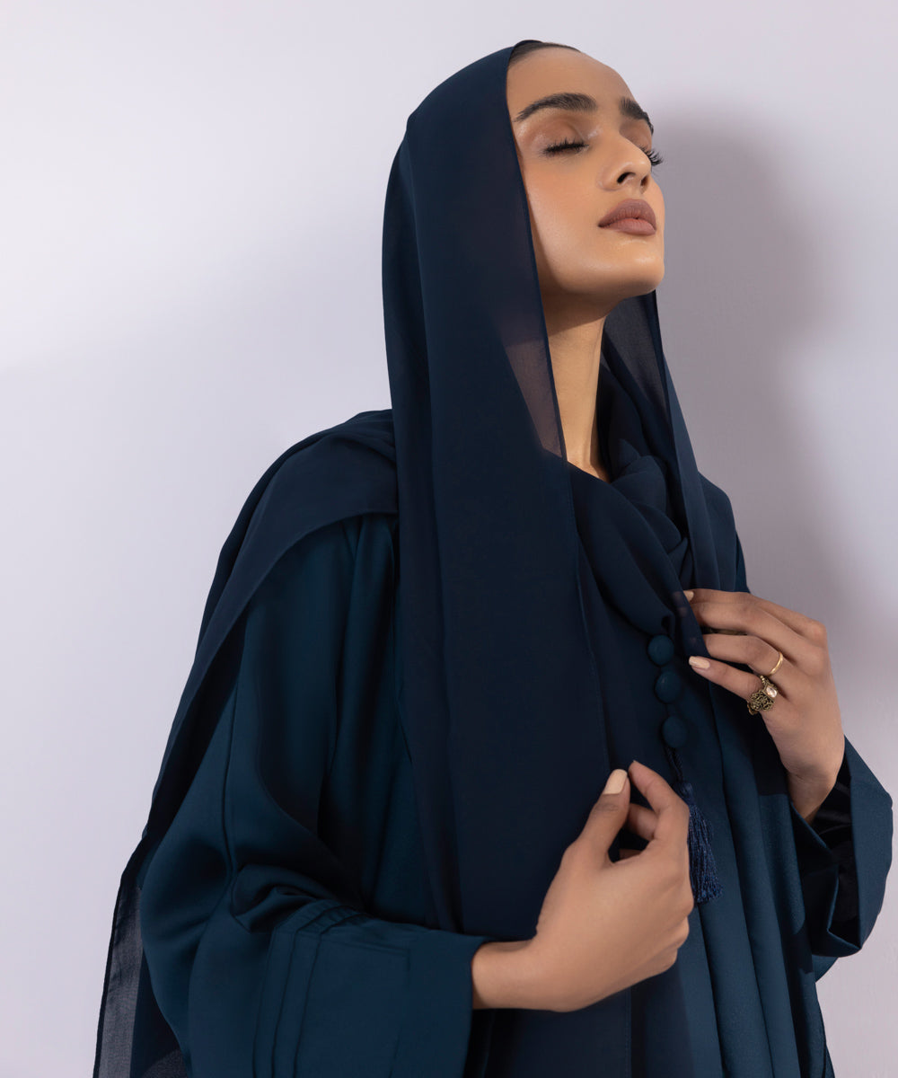 Blue button through abaya with tassels and matching hijab
