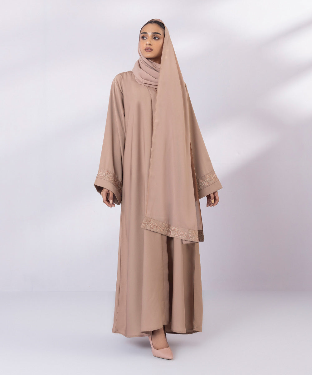 Nude beige embroidered button through abaya with matching hijab