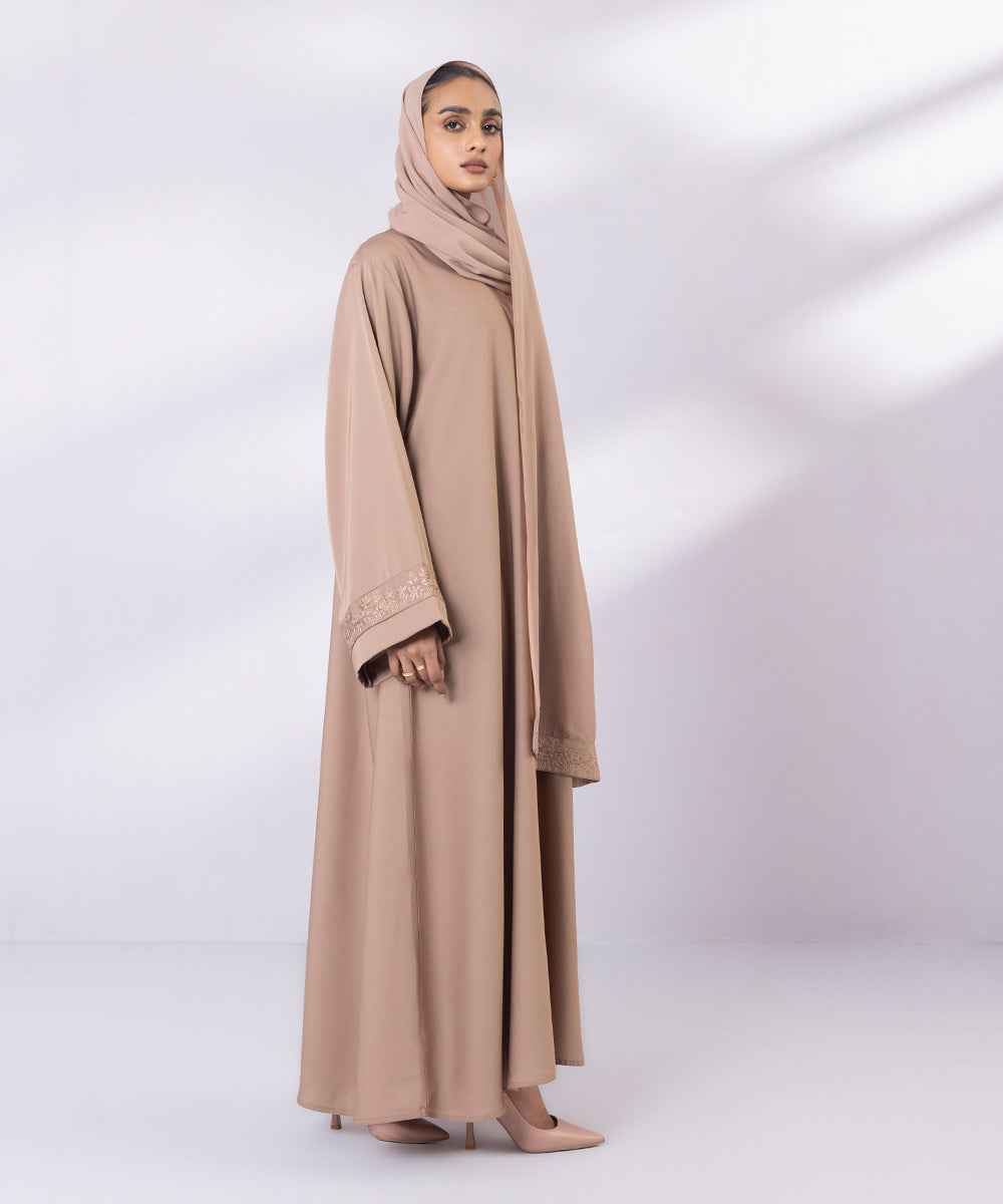 Nude beige embroidered button through abaya with matching hijab