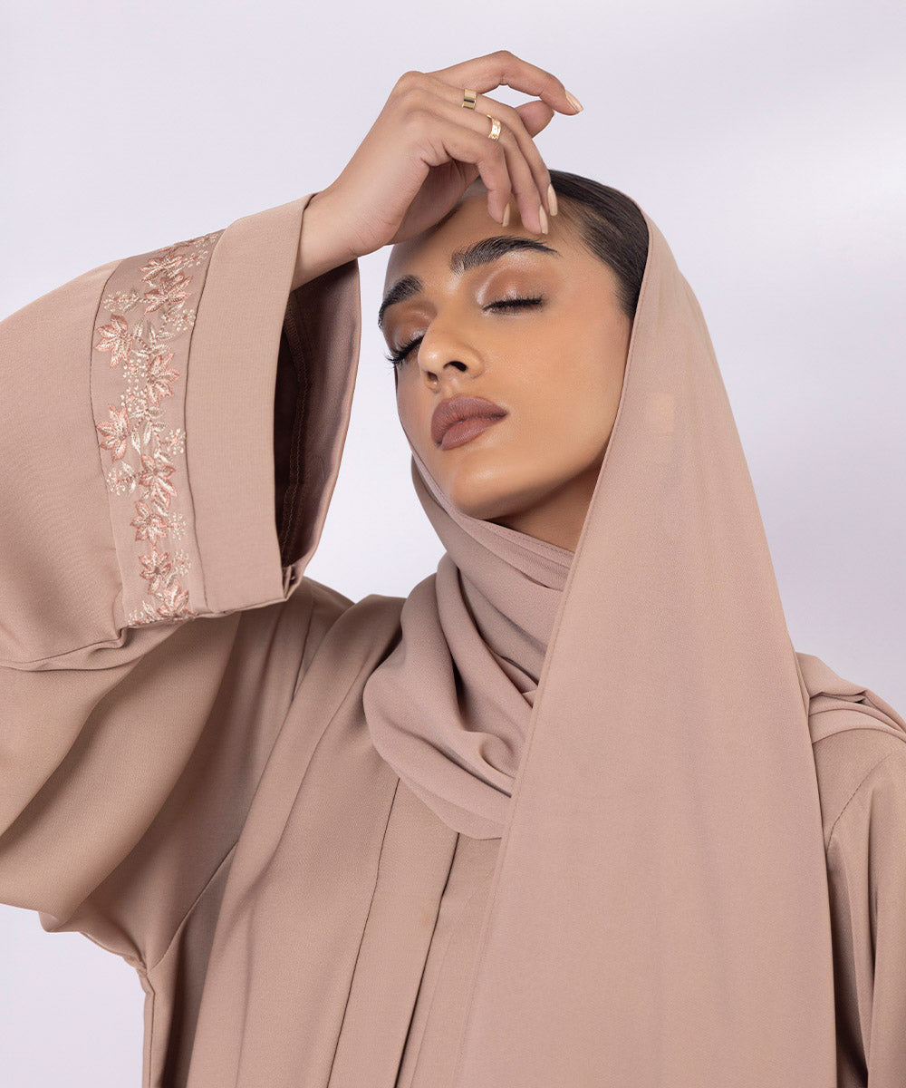 Nude beige embroidered button through abaya with matching hijab