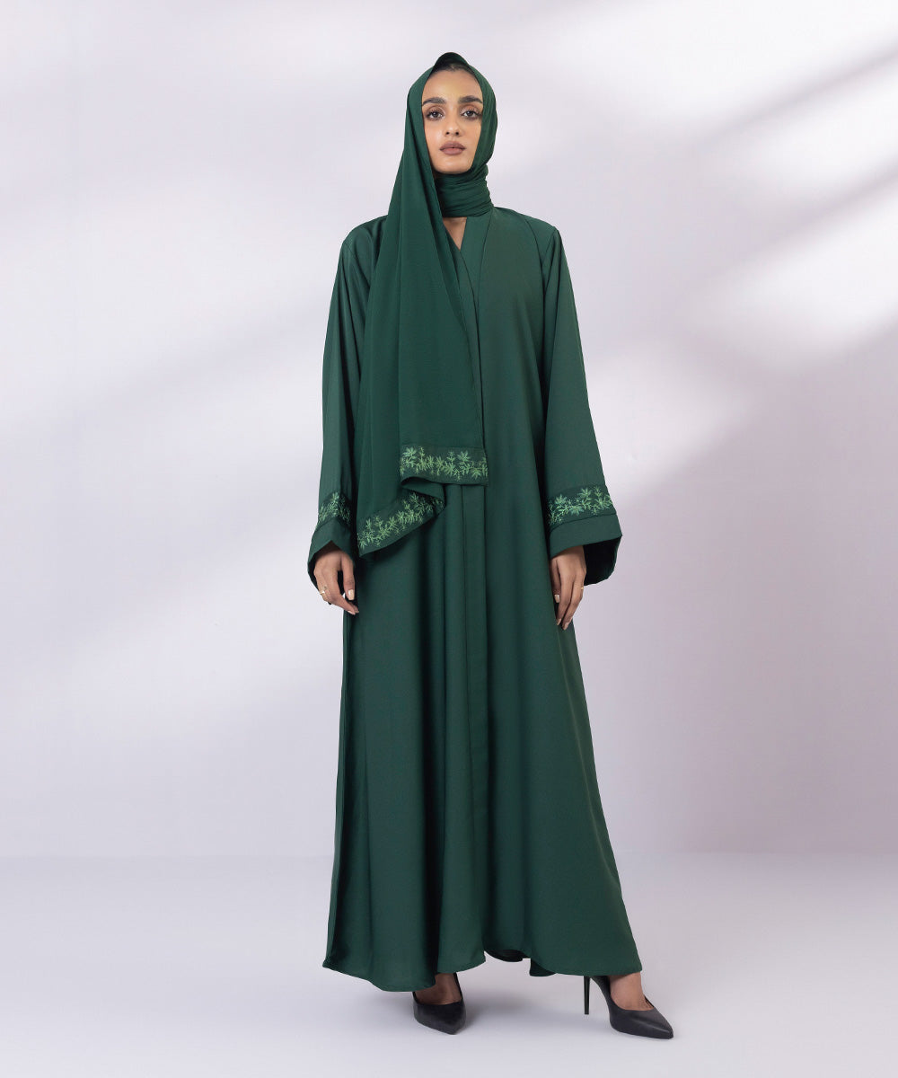 Emerald green button through abaya with embroidery and matching hijab