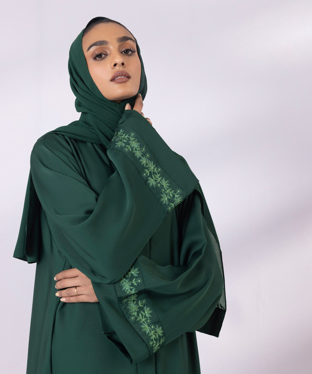 Emerald green button through abaya with embroidery and matching hijab