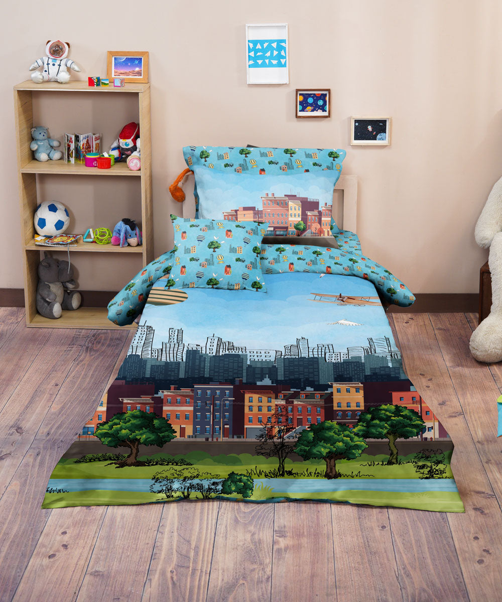 Sky blue city-themed kids’ bedding