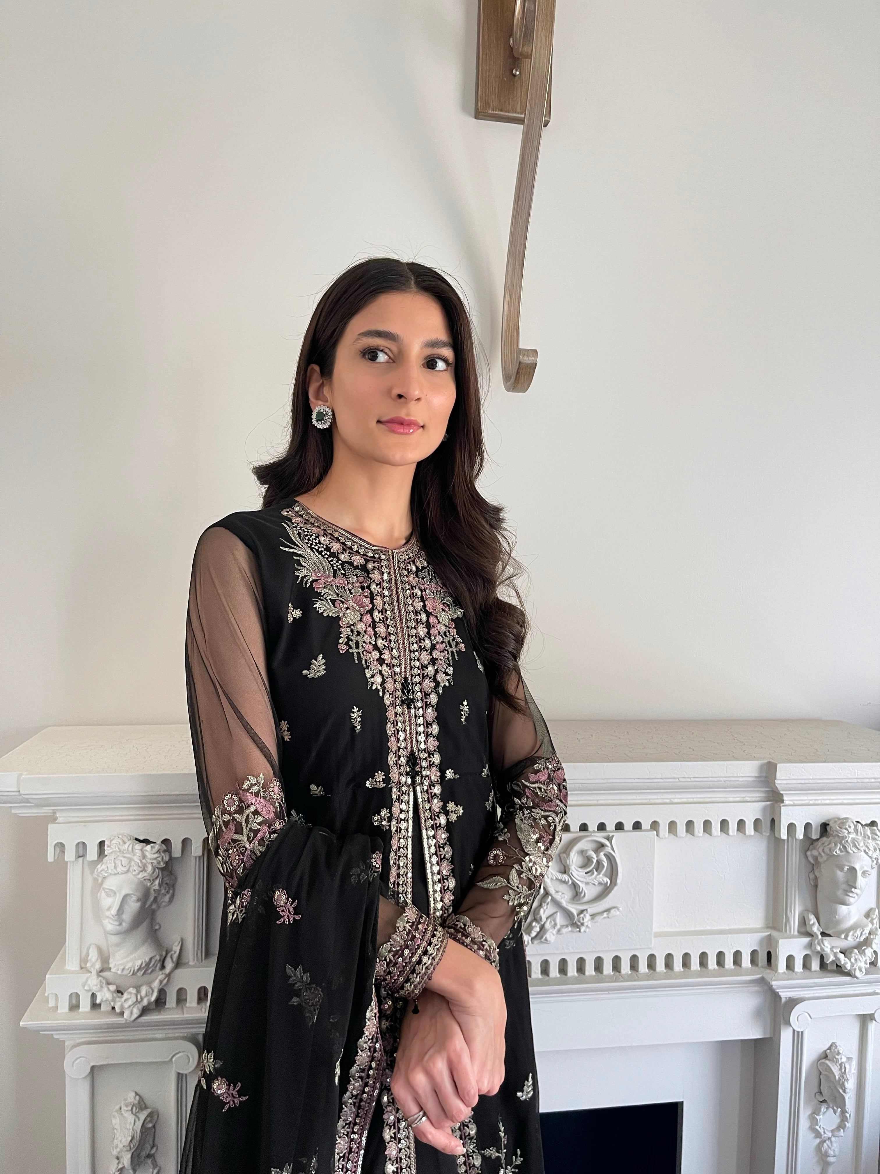 Black embroidered net suit