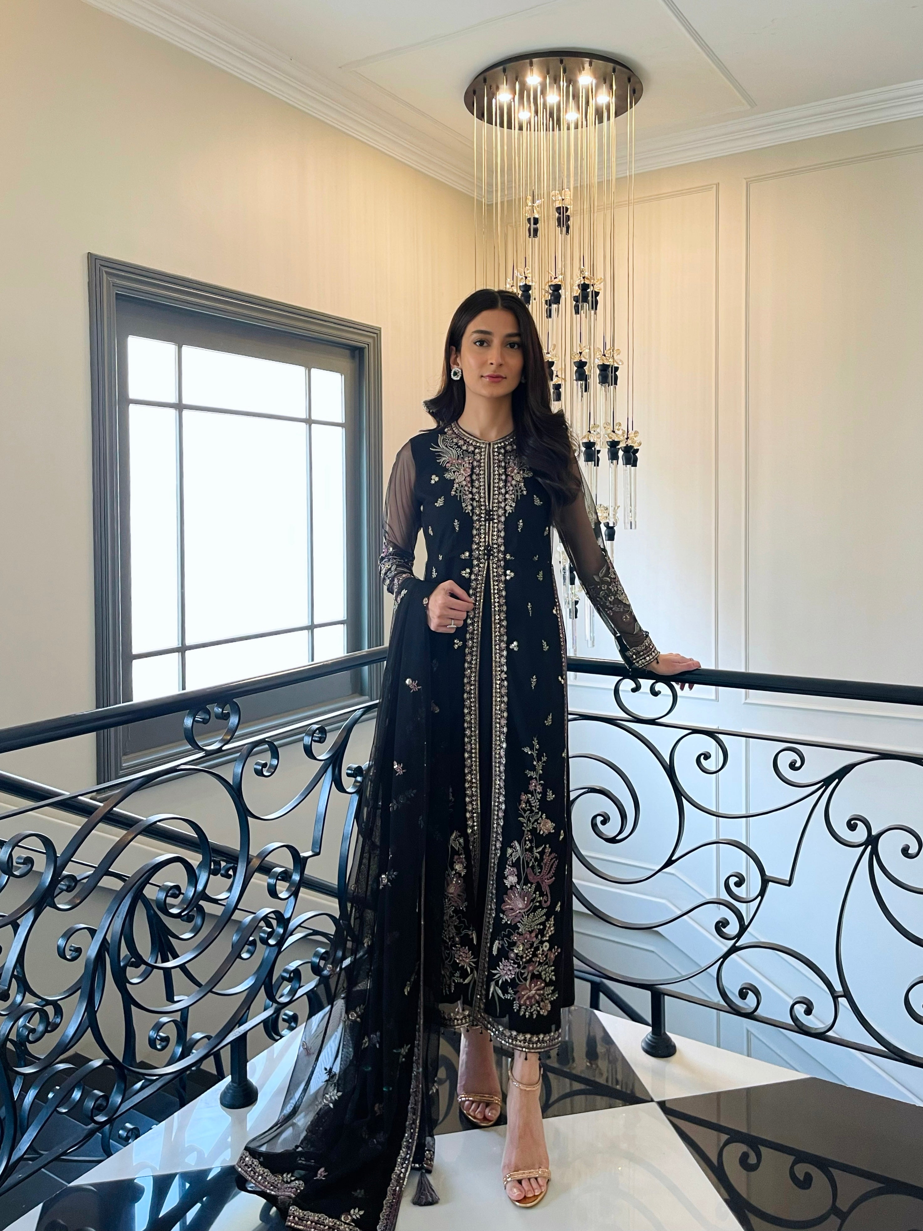 Black embroidered net suit