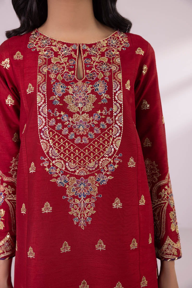 Embroidered red unstitched three-piece dress design