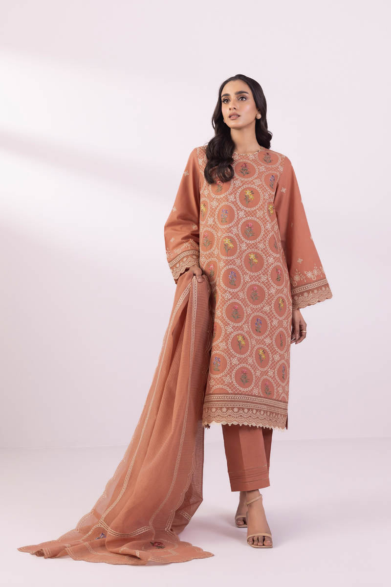 Coral embroidered unstitched three-piece suit design
