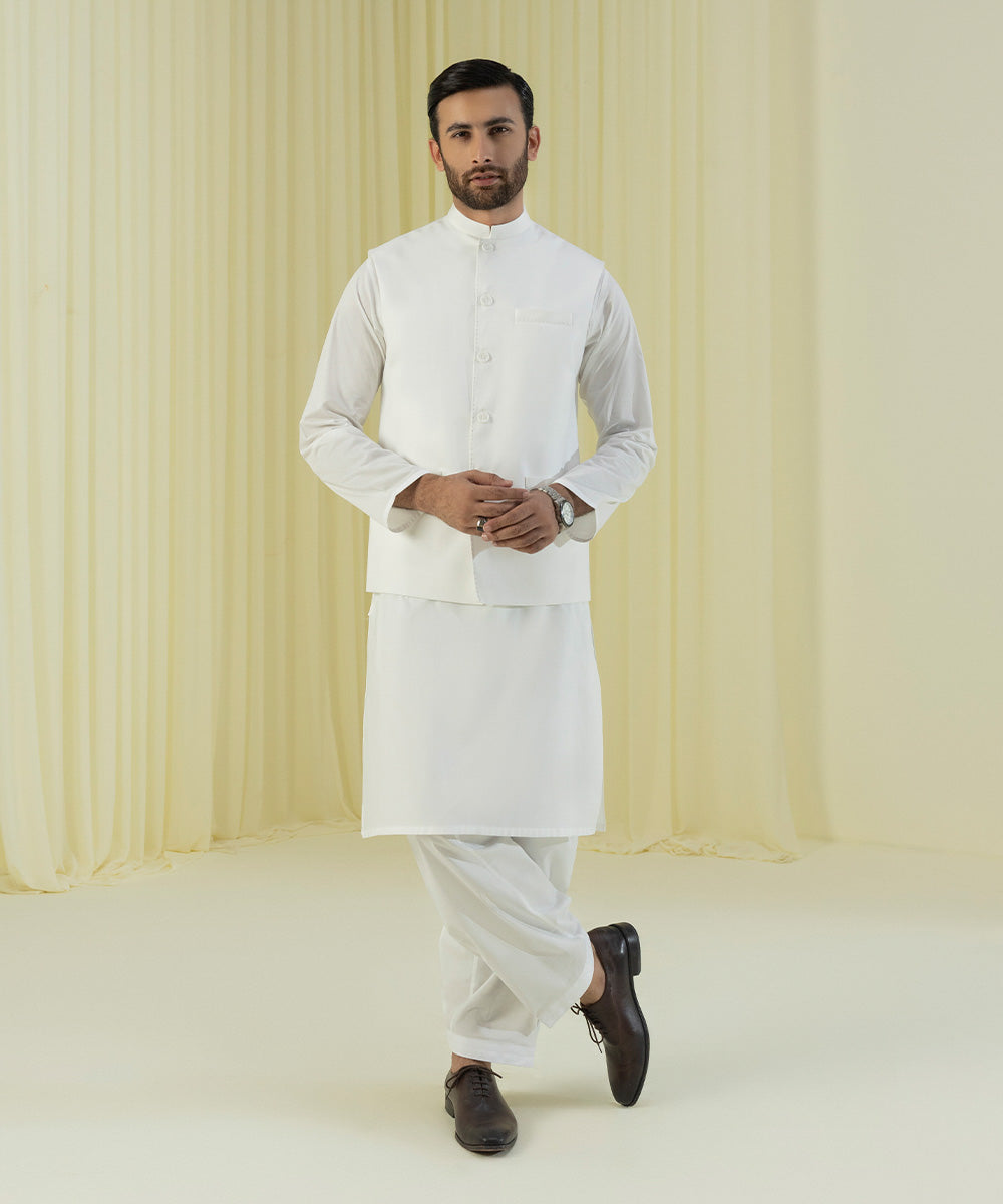 Readymade White Kurta Pajama With Printed Nehru Jacket 718MW07