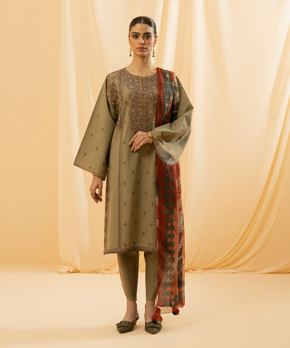 Women's Eid Grey Green Embroidered Dobby Unstitched Three Piece Suit