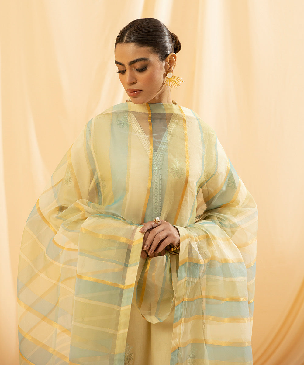 Women's Eid Soft Yellow Embroidered Cotton Unstitched Three Piece Suit