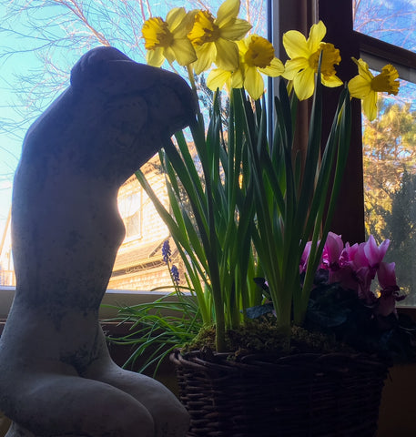 Garden Statue on windowsill with Spring Flowers