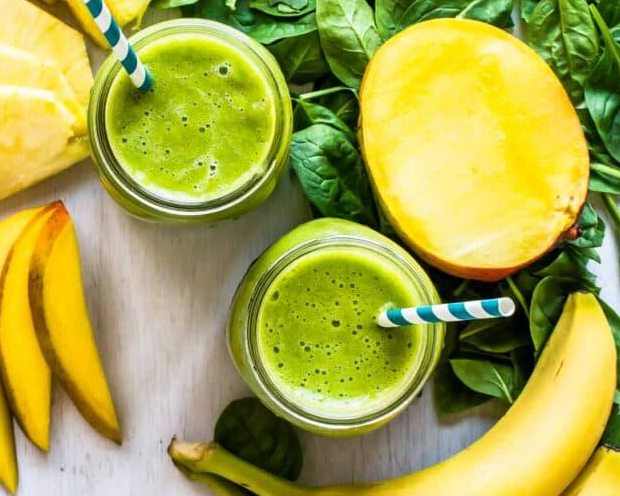 photo of green smoothie with fruit and veggies