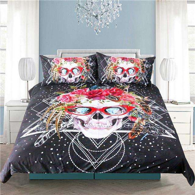 Sugar Skull With Glasses Bedding Duvet Cover 2 Pillowcases