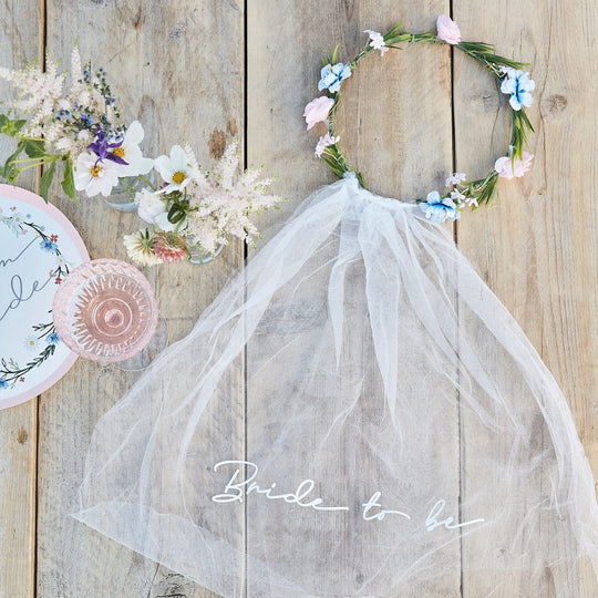 Bride to Be Hen Party Veil With Floral Crown Image 1