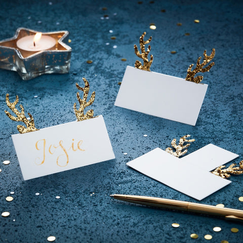 Gold Glitter Antler Shaped Christmas Place Cards