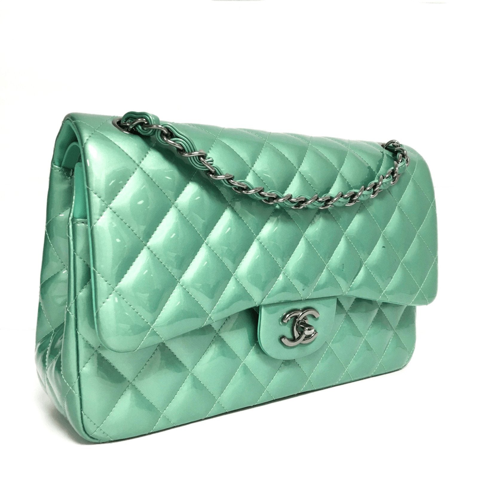 Chanel Patent Green Classic Jumbo Double Flap Bag - Oliver Jewellery