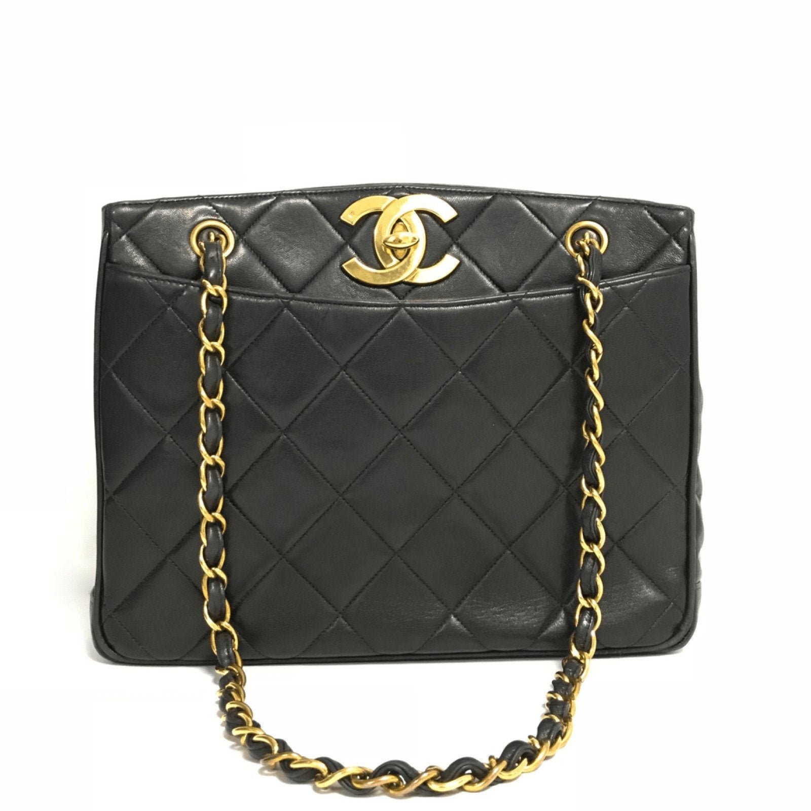 Chanel Vintage Black Quilted Lambskin Leather Tote Shoulder Bag - Oliver Jewellery