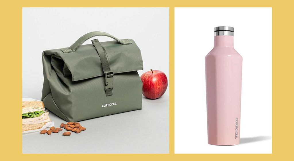 Rolltop insulated lunch bag in olive green, and insulated canteen bottle in rose quartz gloss pink by Corkcicle