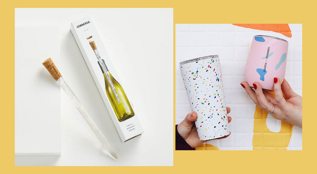 Corkcicle air to chill your wine on the go, coupled with Corkcicle stemless insulated cups and tumblers in colourful patterns