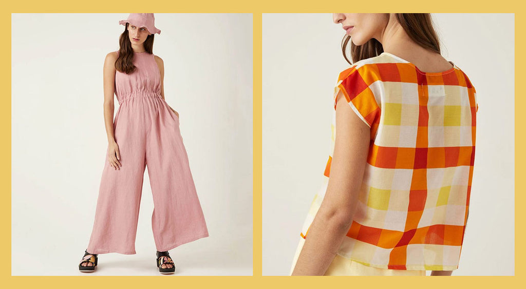 New Summer styles from label Kuwaii, featuring a dusty pink linen jumpsuit and marigold check cap sleeved top, all made in Melbourne