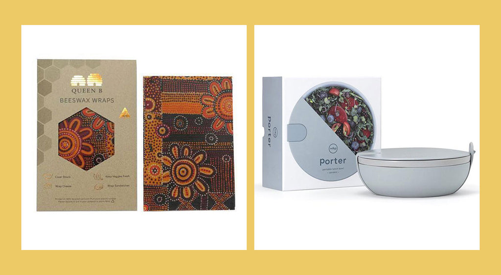 Australian beeswax wraps in First Nations dreamtime artworks, and Porter reusable ceramic takeaway bowl with silicone strap